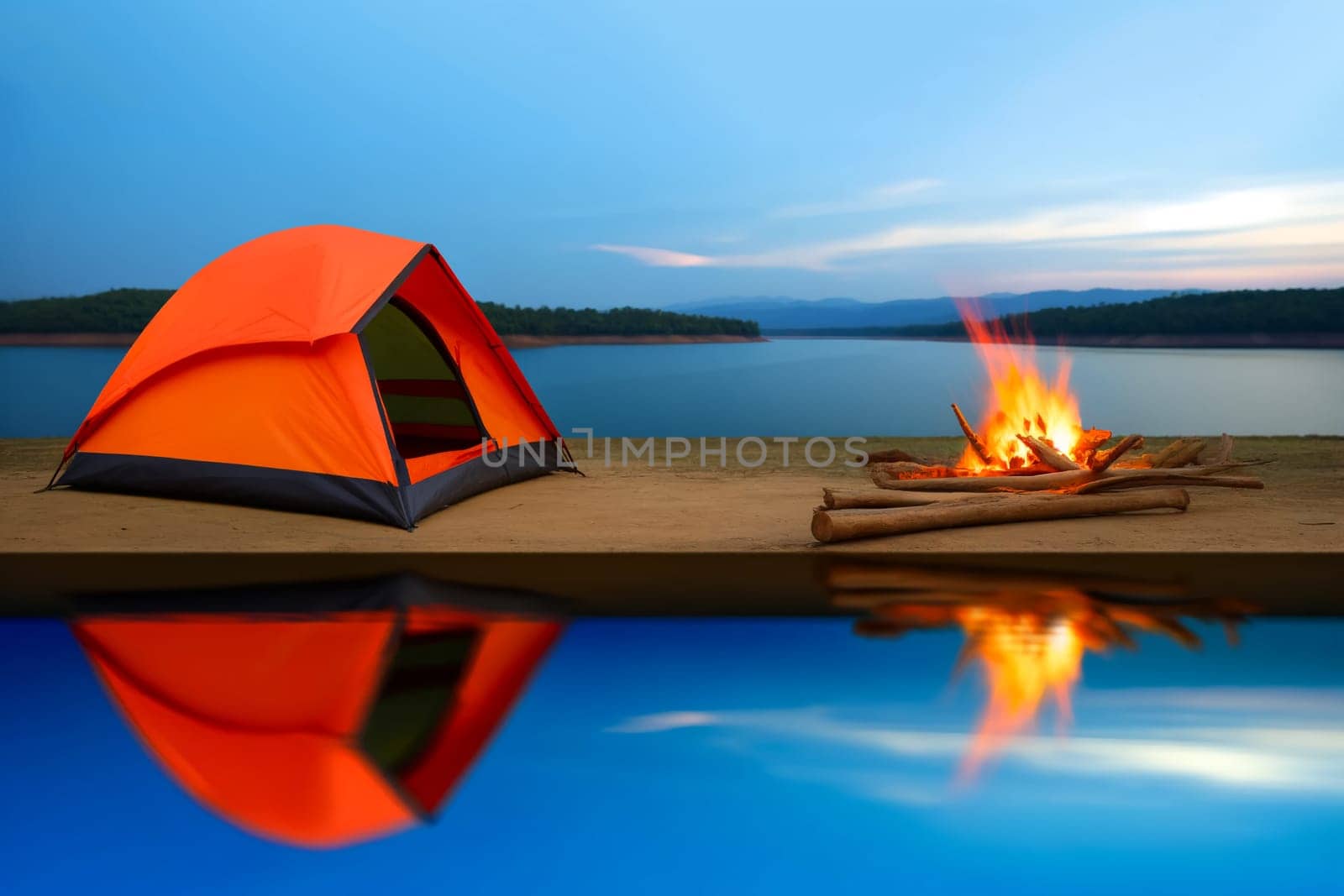 orange tourist tent and fire on a sand spit on the lake in the evening.