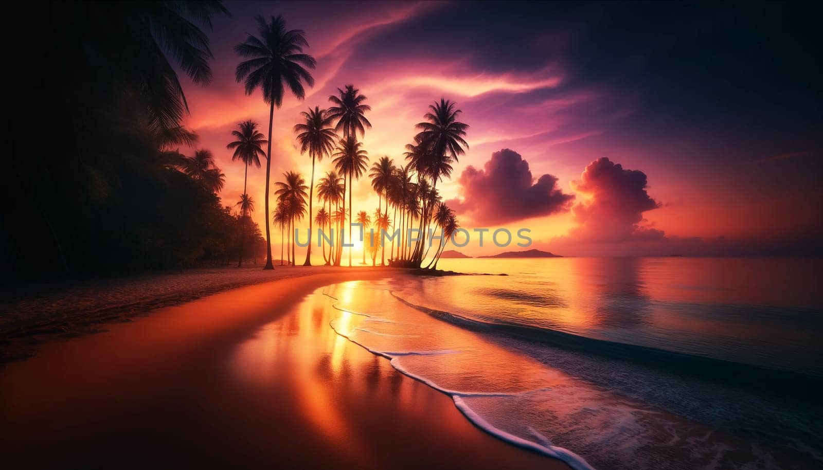 Ocean beach with palm trees against the backdrop of a beautiful purple sunset.