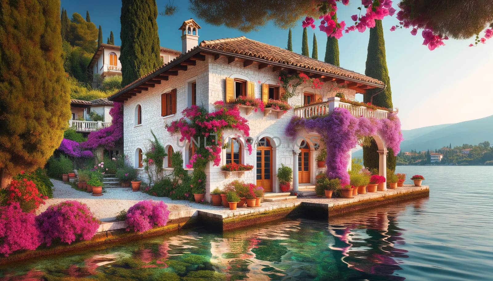 Mediterranean house with flowering ornamental plants on the shore of a lake by Annado