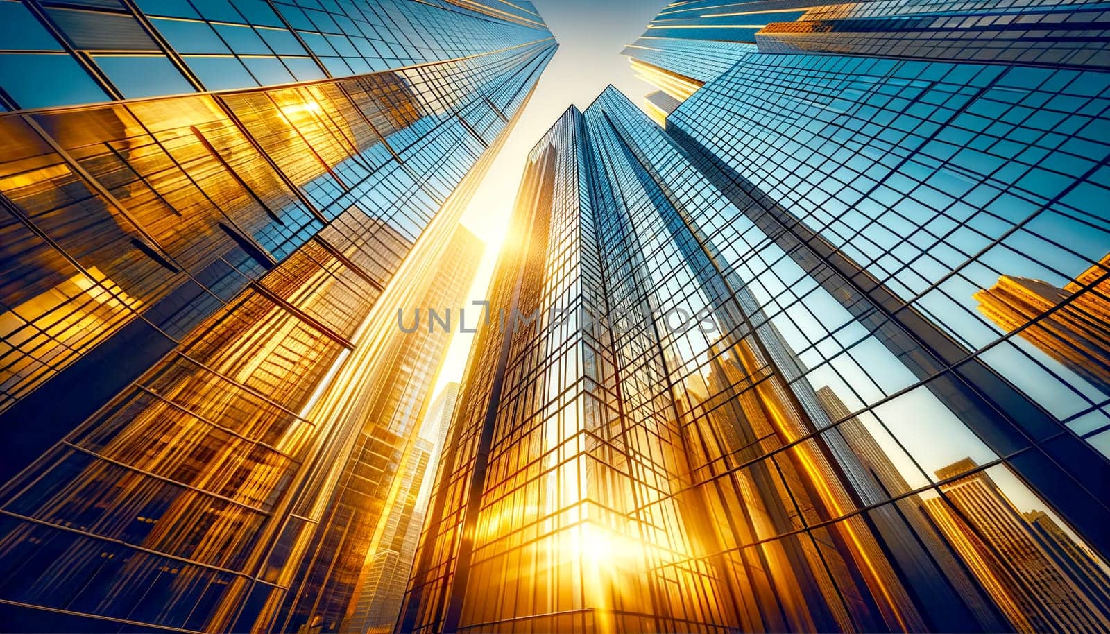 the setting sun is reflected in the glass facades of skyscrapers, urban background by Annado