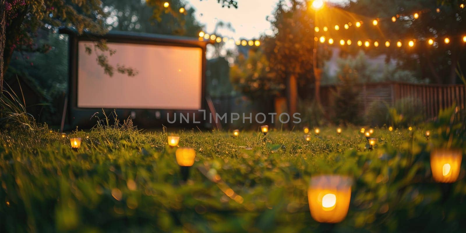 blurred blank white screen outdoors in grass park. outdoor cinema, big screen show, focus on foreground. selective focus. ai generated