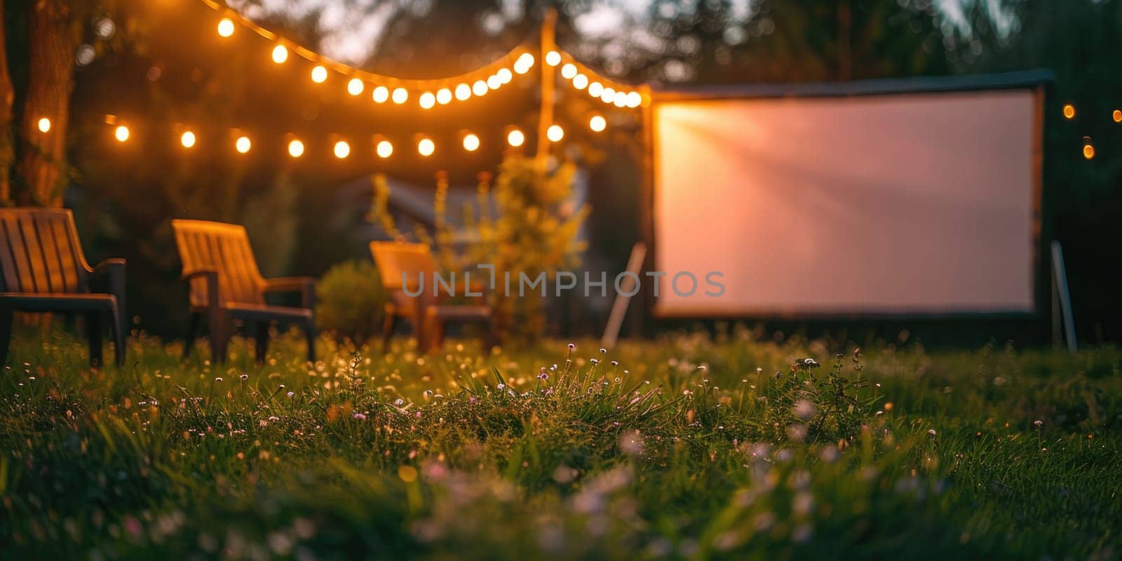 blurred blank white screen outdoors in grass park. outdoor cinema, big screen show, focus on foreground. selective focus. ai generated