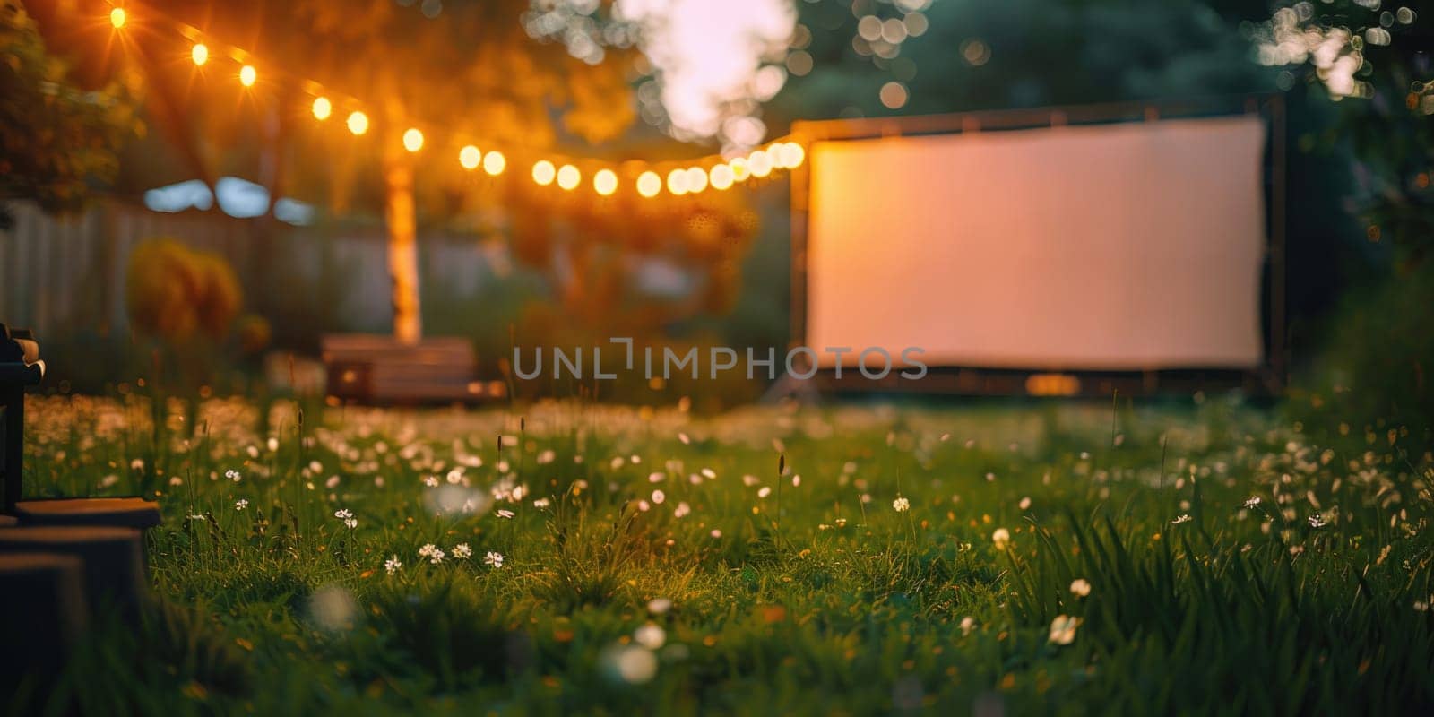 blurred blank white screen outdoors in grass park. outdoor cinema, big screen show, focus on foreground. selective focus. ai generated