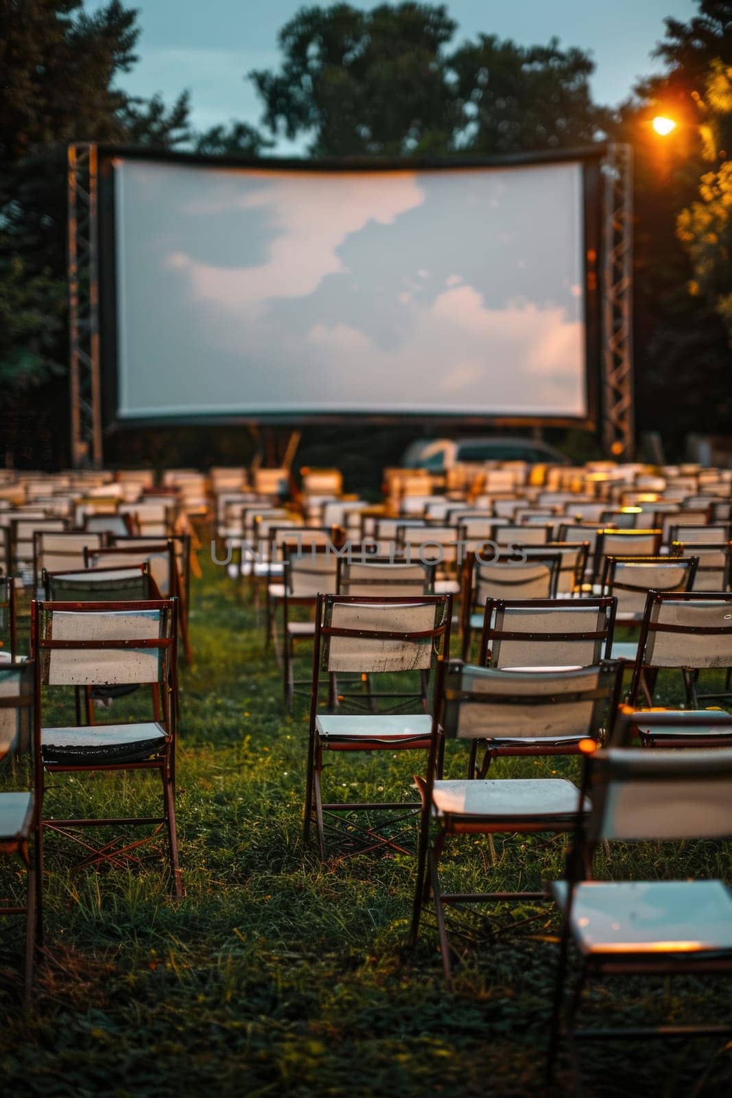 blank white screen outdoors. colorful bean bags in green grass park. outdoor cinema, big screen show. ai generated