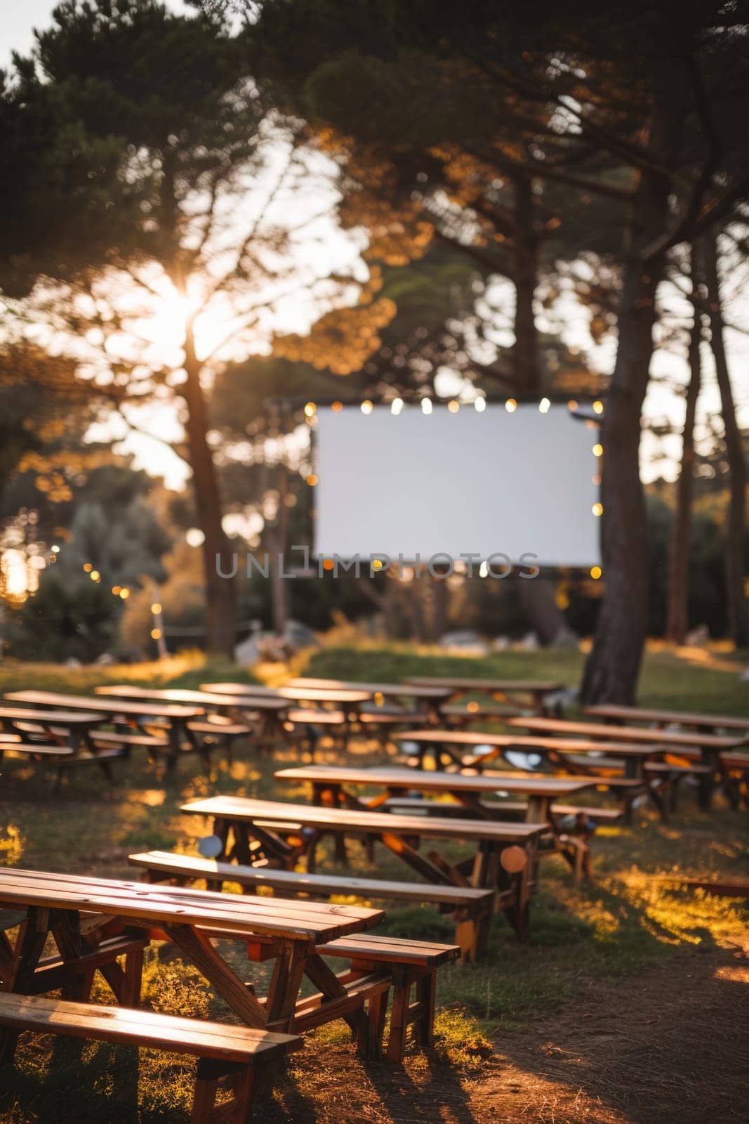 blank white screen outdoors. colorful bean bags in green grass park. outdoor cinema, big screen show. ai generated