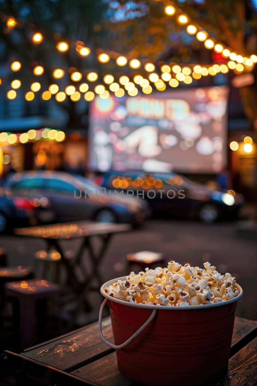 blank white screen outdoors. colorful bean bags in green grass park. outdoor cinema, big screen show. ai generated