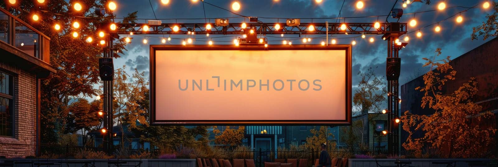 blank white screen outdoors in green grass park. outdoor cinema, big screen show. ai generated by Desperada