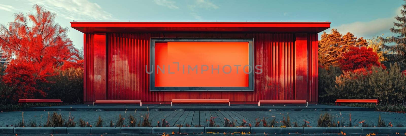 blank white screen outdoors in green grass park. outdoor cinema, big screen show. ai generated by Desperada