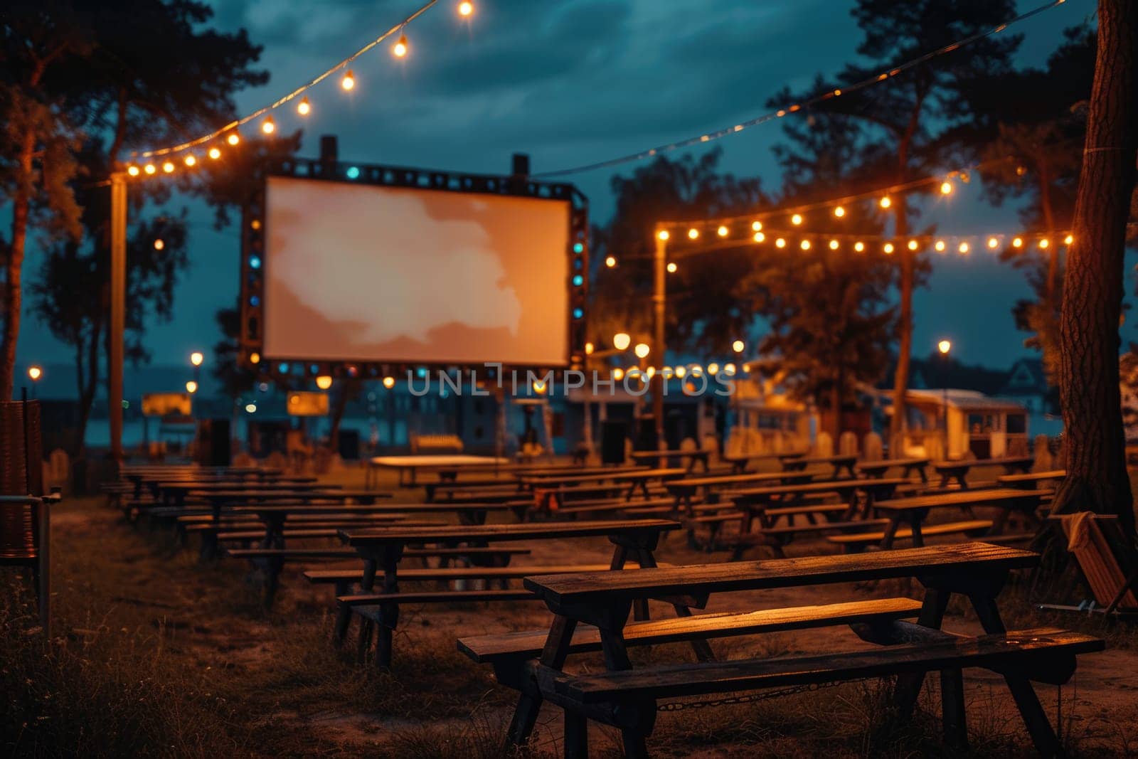 blank white screen outdoors. colorful bean bags in green grass park. outdoor cinema, big screen show. ai generated