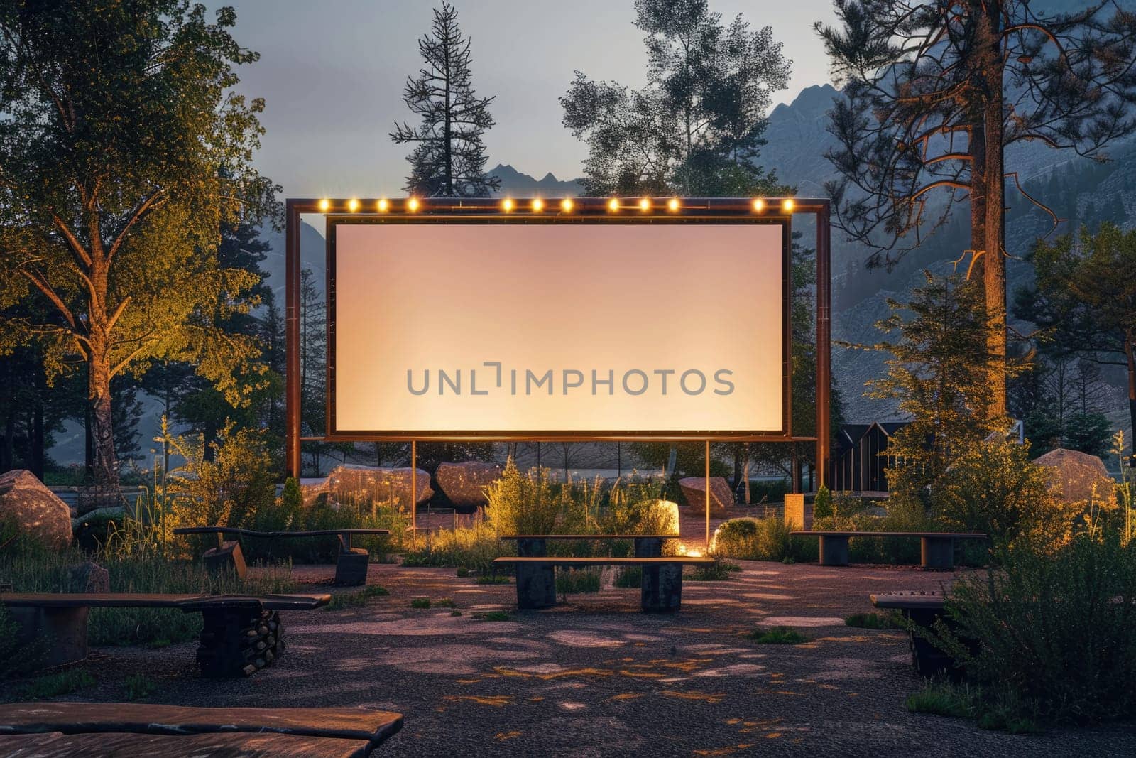 blank white screen outdoors. colorful bean bags in green grass park. outdoor cinema, big screen show. ai generated