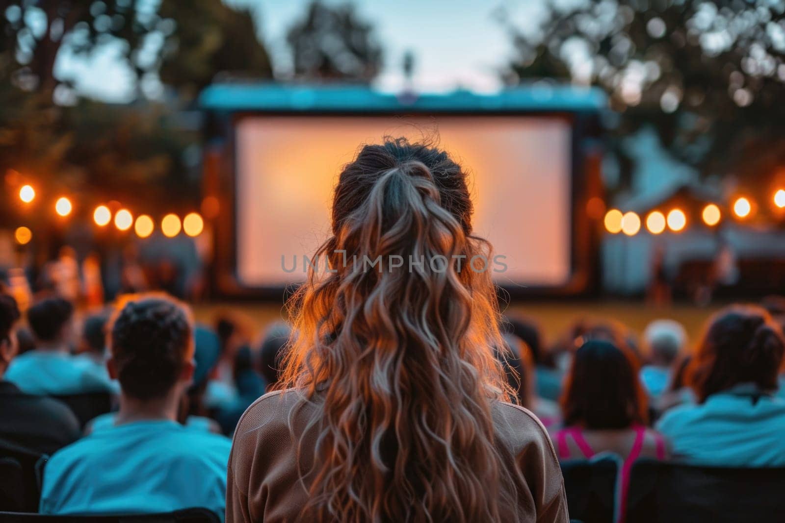 people watching outdoor cinema, big screen show. view from behind. ai generated