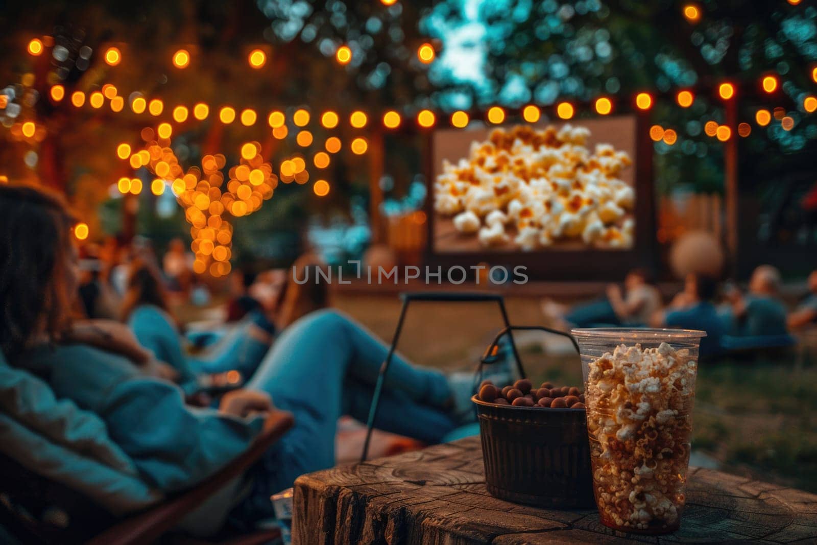 people watching outdoor cinema, big screen show. view from behind. ai generated