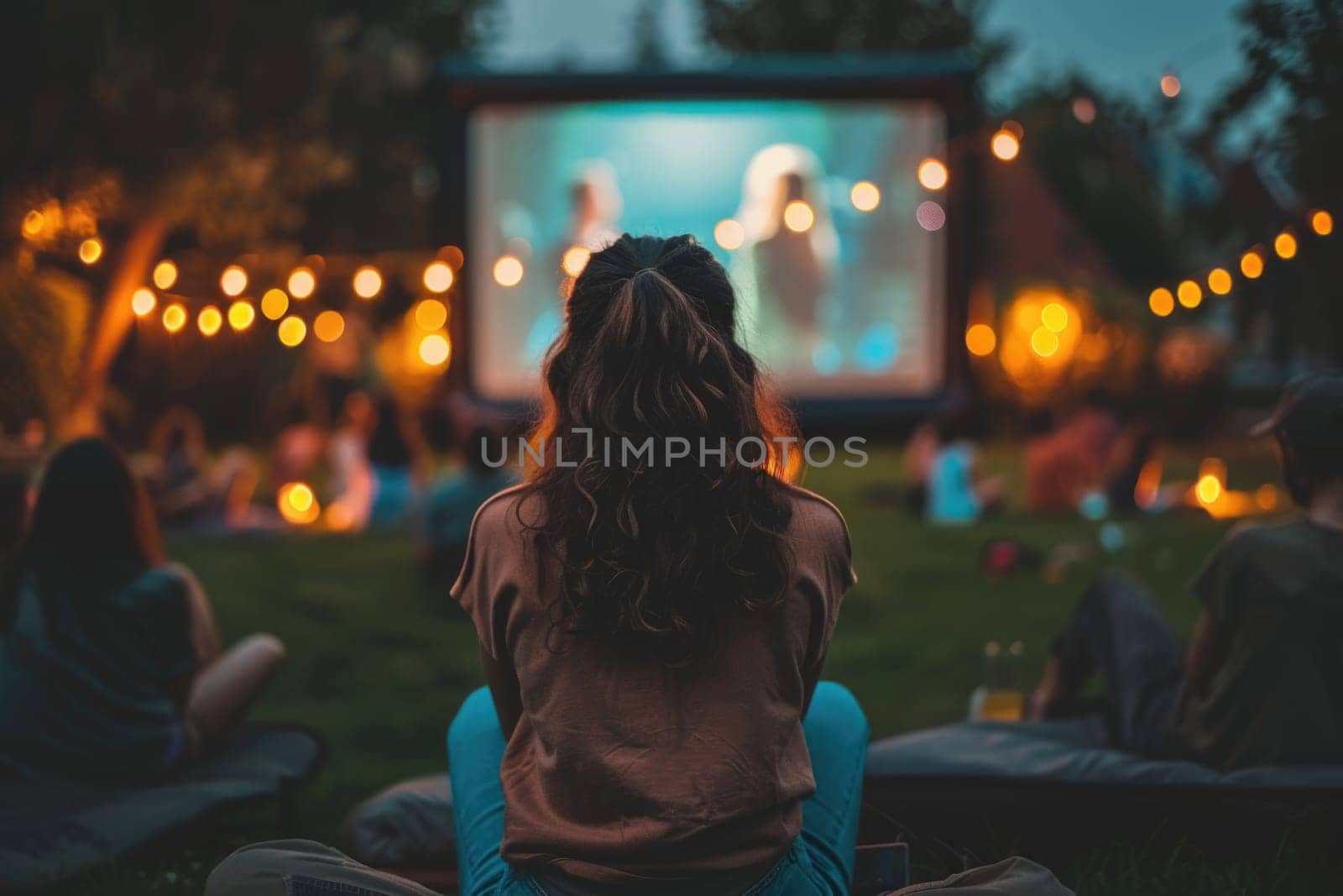 people watching outdoor cinema, big screen show. view from behind. ai generated