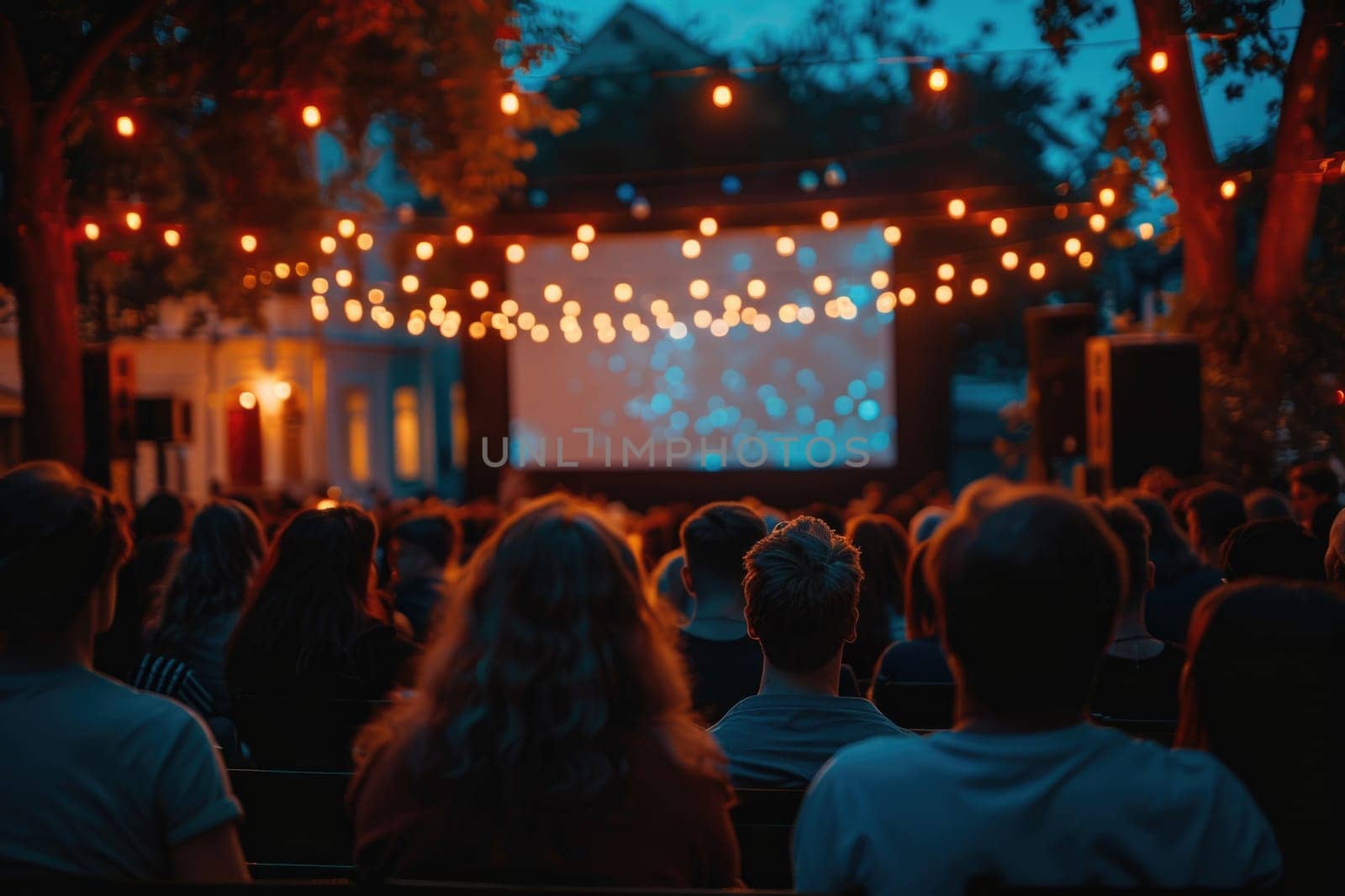 people watching outdoor cinema, big screen show. view from behind. ai generated by Desperada