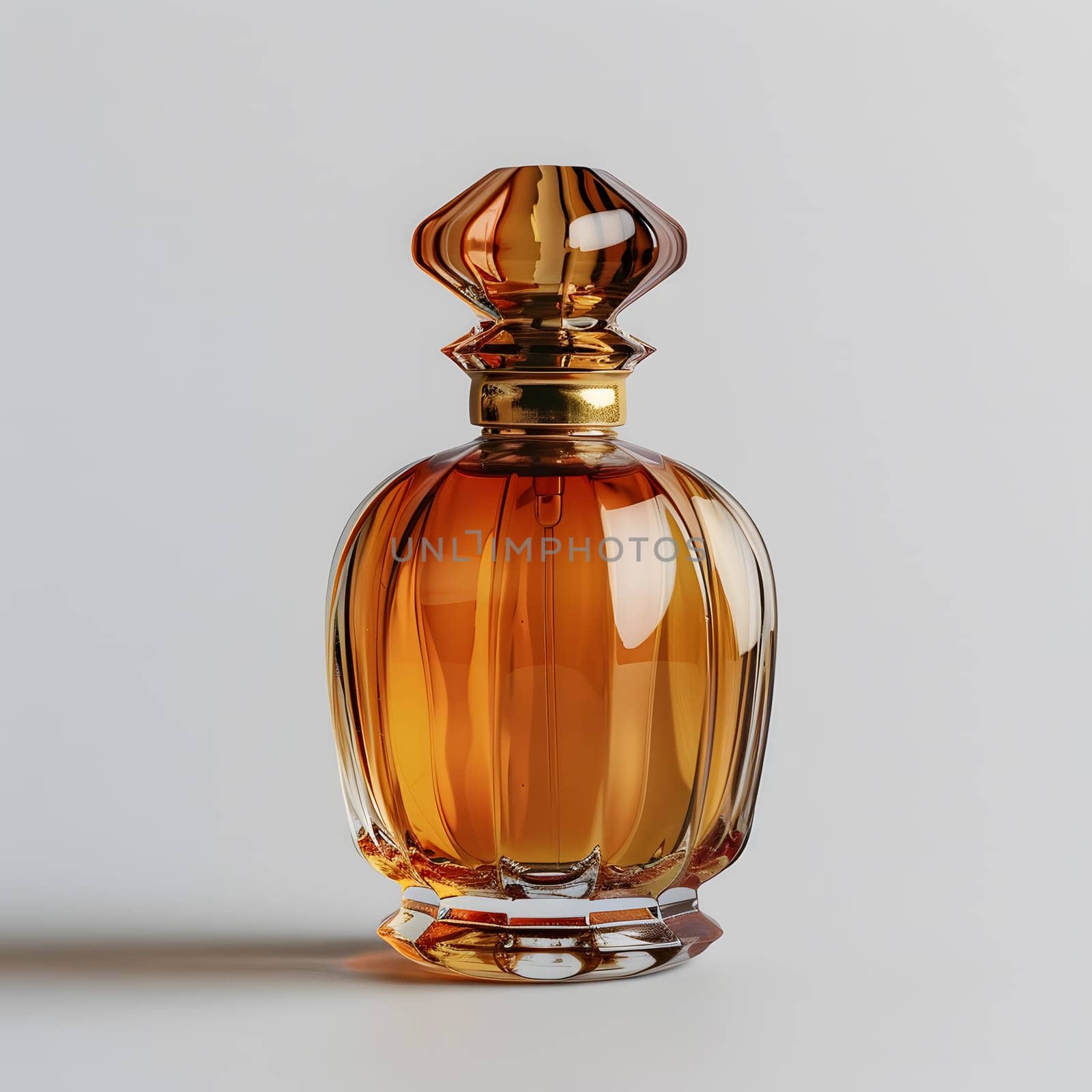 An amber glass bottle containing liquid perfume sits on a white surface, showcasing the fluid solution used in cosmetics and automotive lighting products