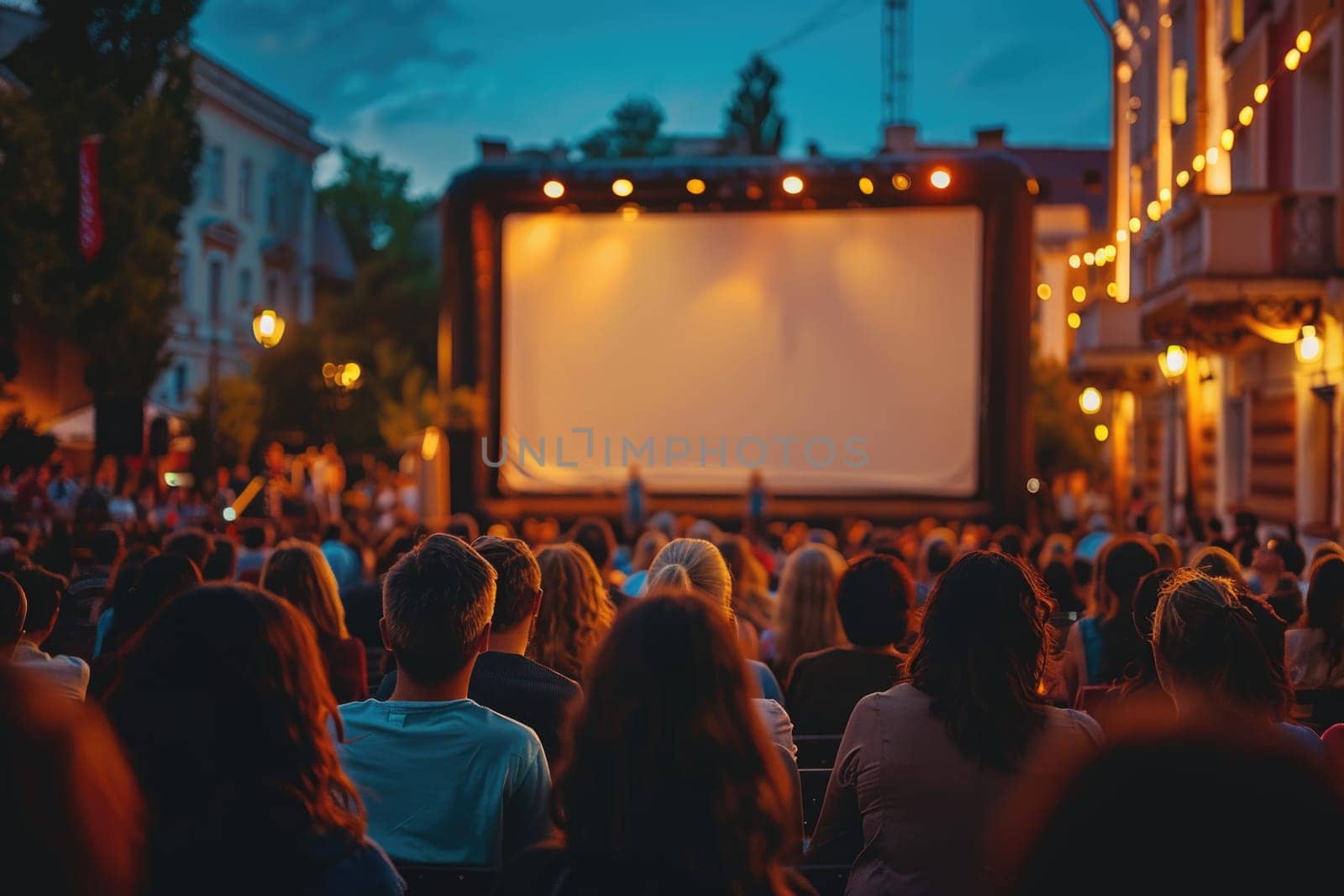 people watching outdoor cinema, big screen show. view from behind. ai generated