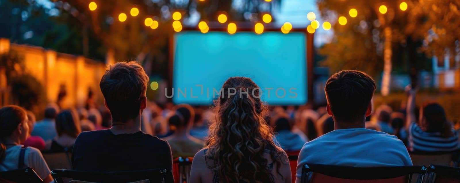 people watching outdoor cinema, big screen show. view from behind. ai generated