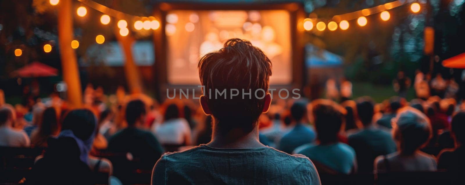 people watching outdoor cinema, big screen show. view from behind. ai generated by Desperada