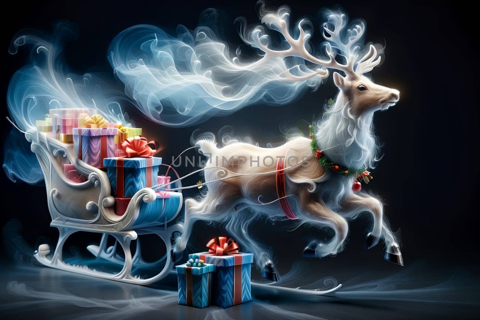a fabulous New Year's deer carrying gifts in a sleigh .