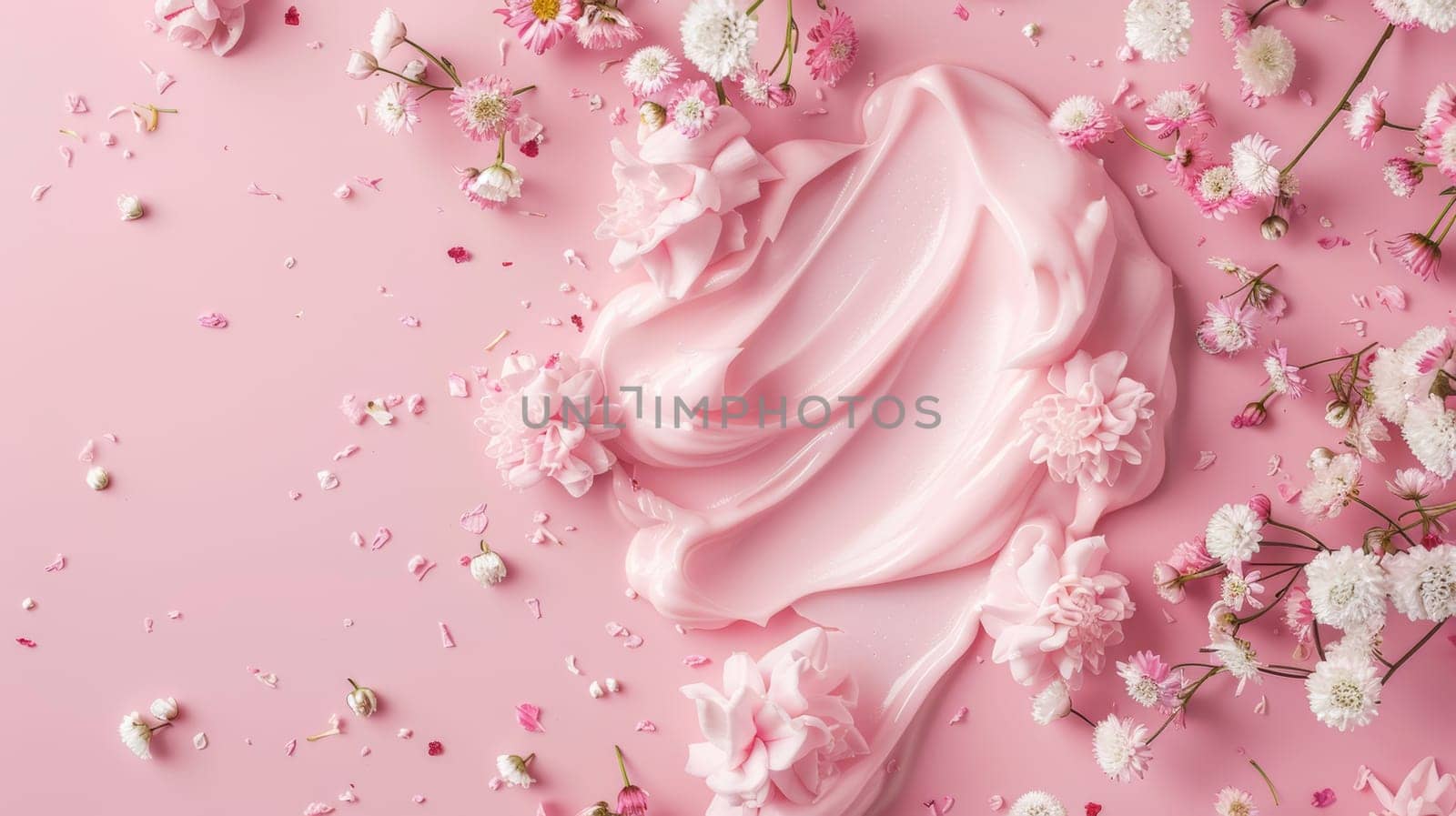 Pink frosted cake surrounded by flowers on pink background.