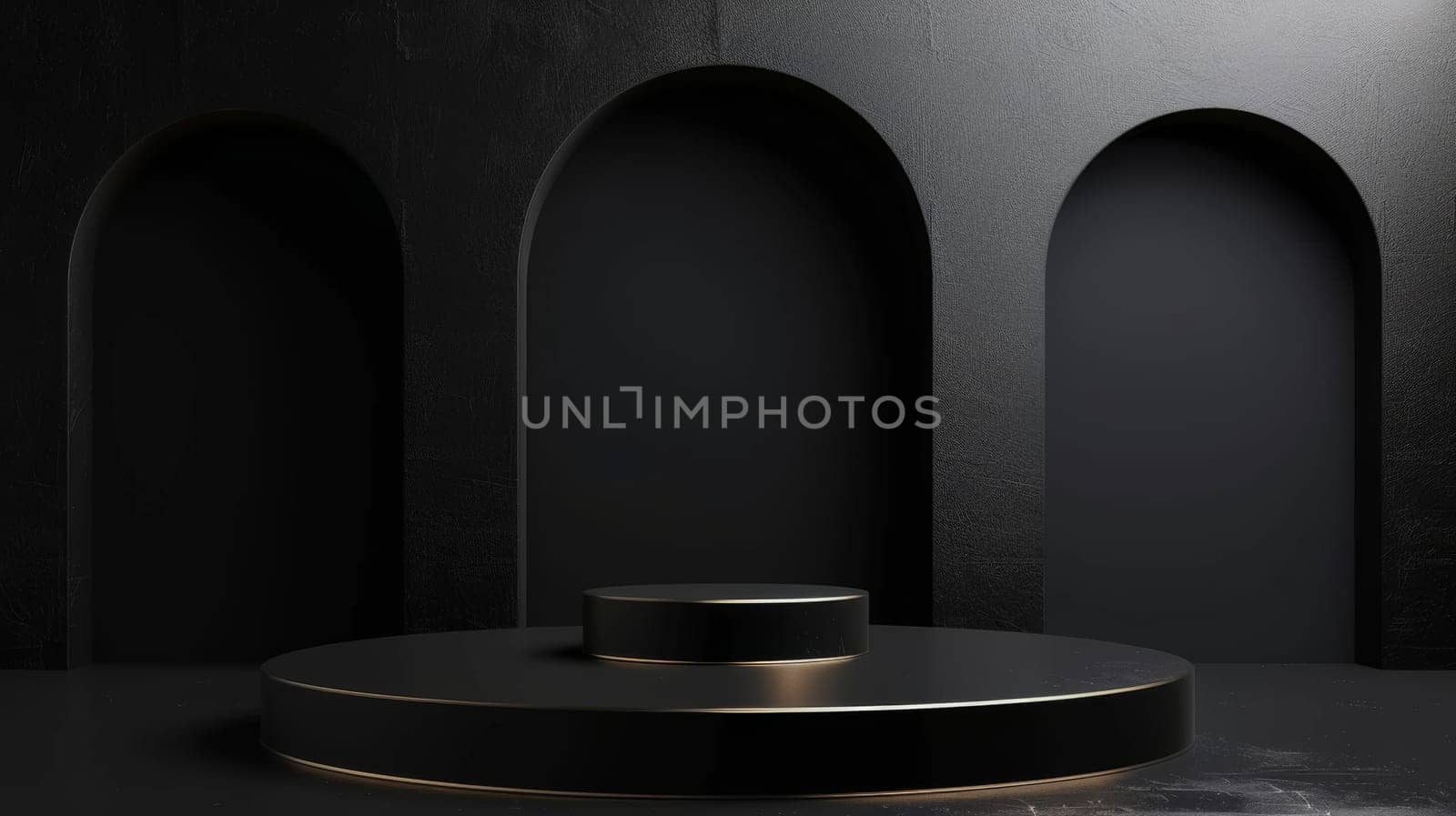 Black room with round podium and luxury arch.