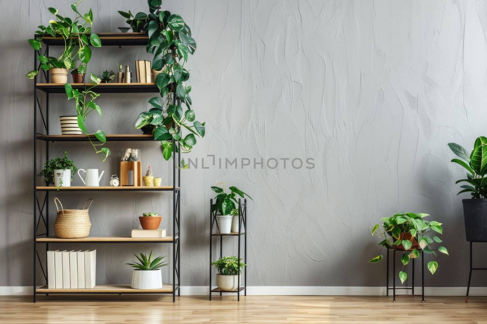 Minimalist workspace with a geometric bookshelf and potted plants