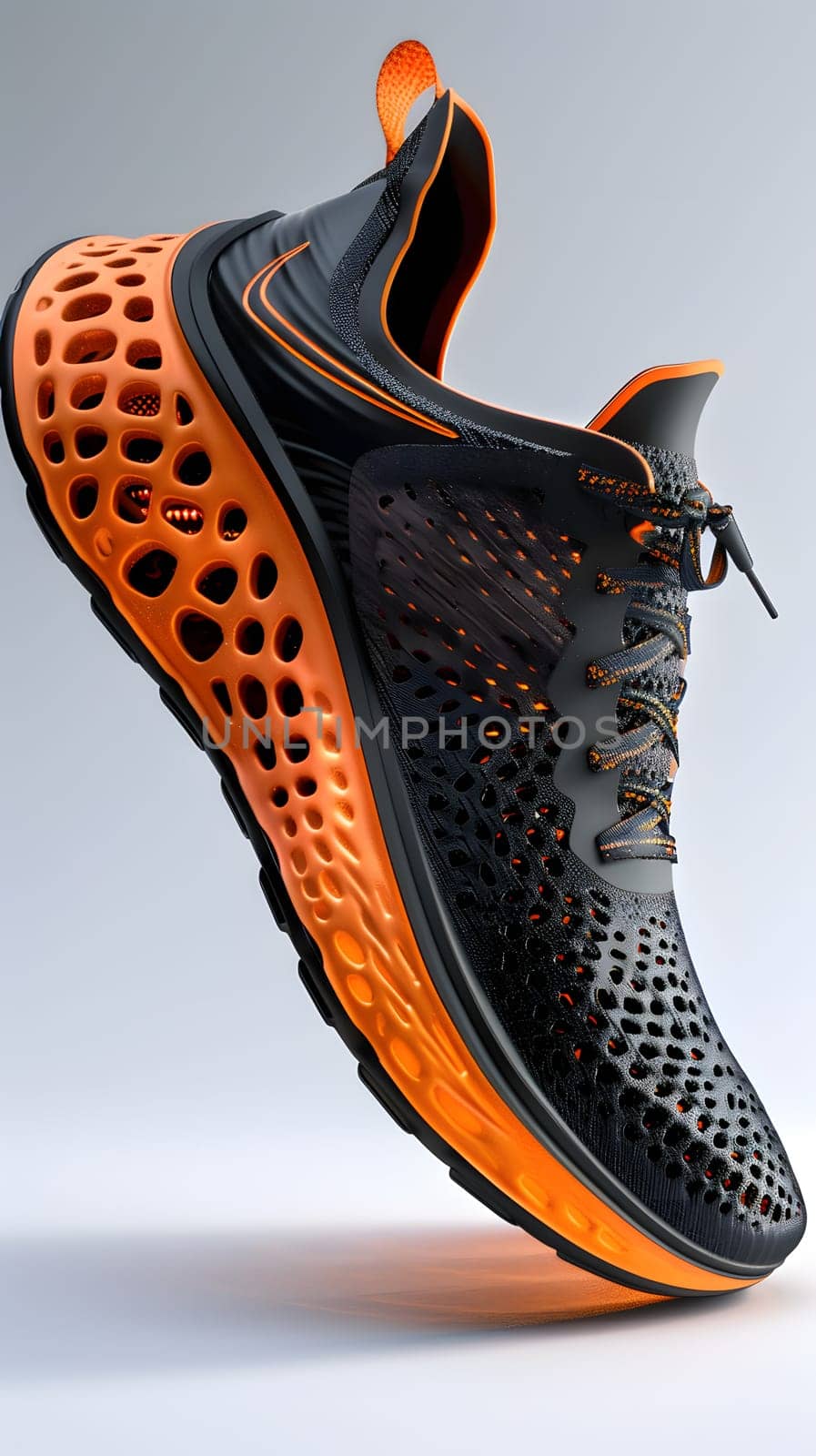 Pair of black and orange athletic shoes on white surface by Nadtochiy