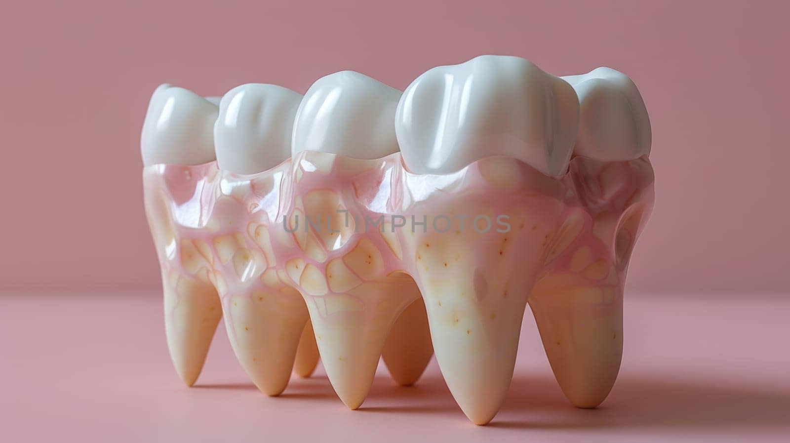 Group of tooth models on pink surface.