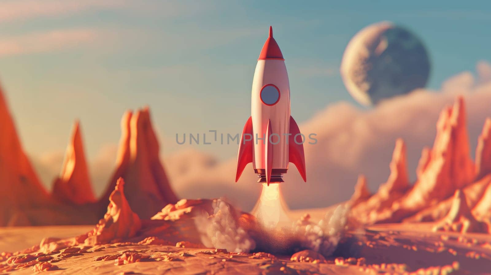 Red and white rocket ship ascends from a whimsical, oversized desert.