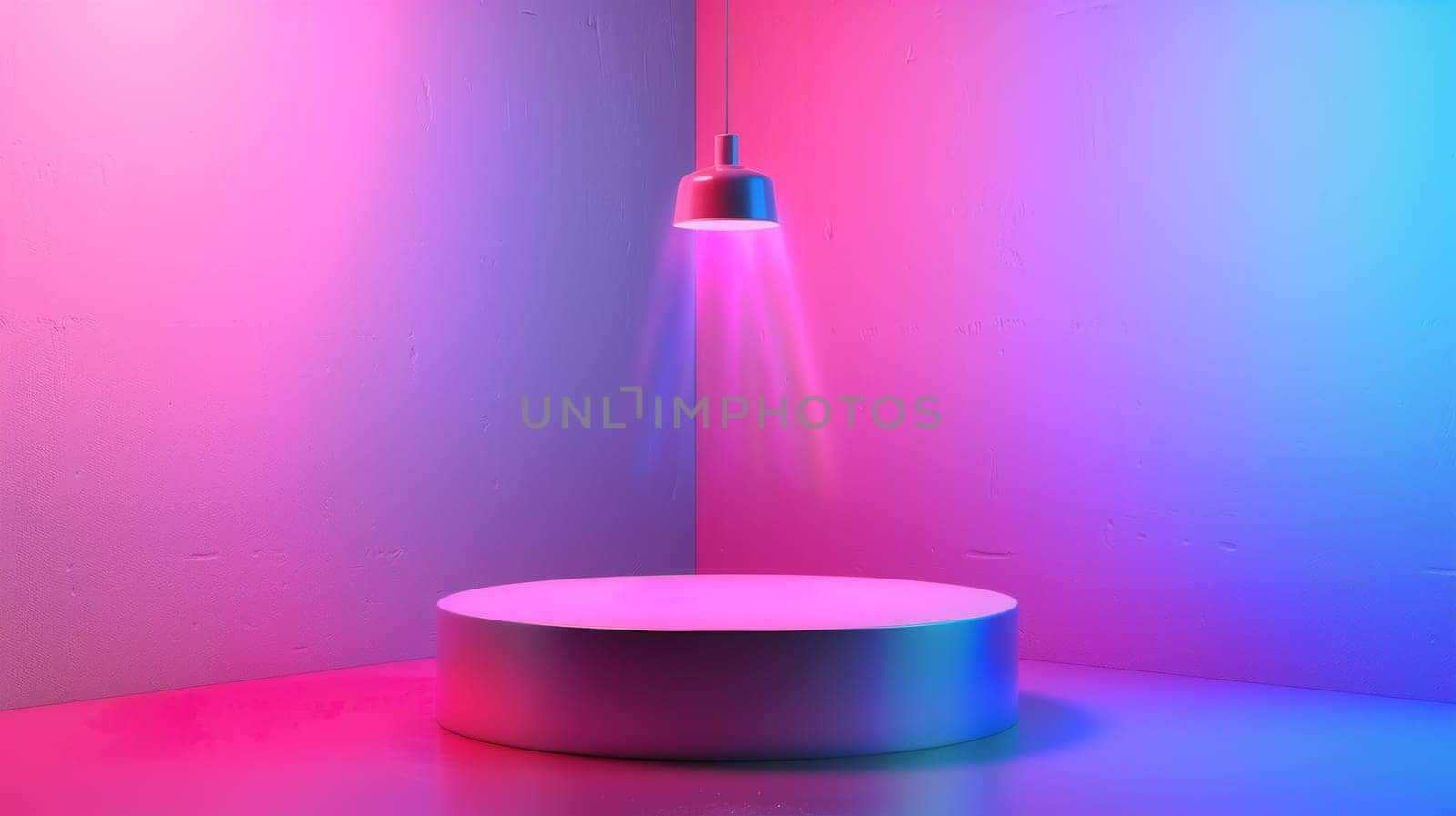 Pink and blue light shining brightly in round podium.