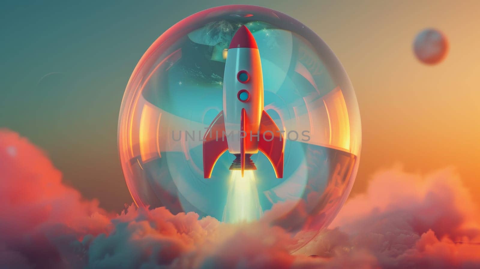 Red and white rocket flying through a bubble.