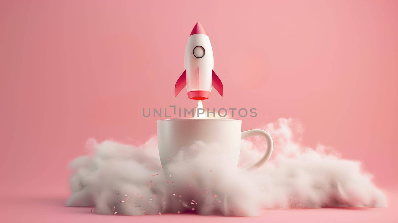 Rocket launching from a coffee cup surrounded by clouds.