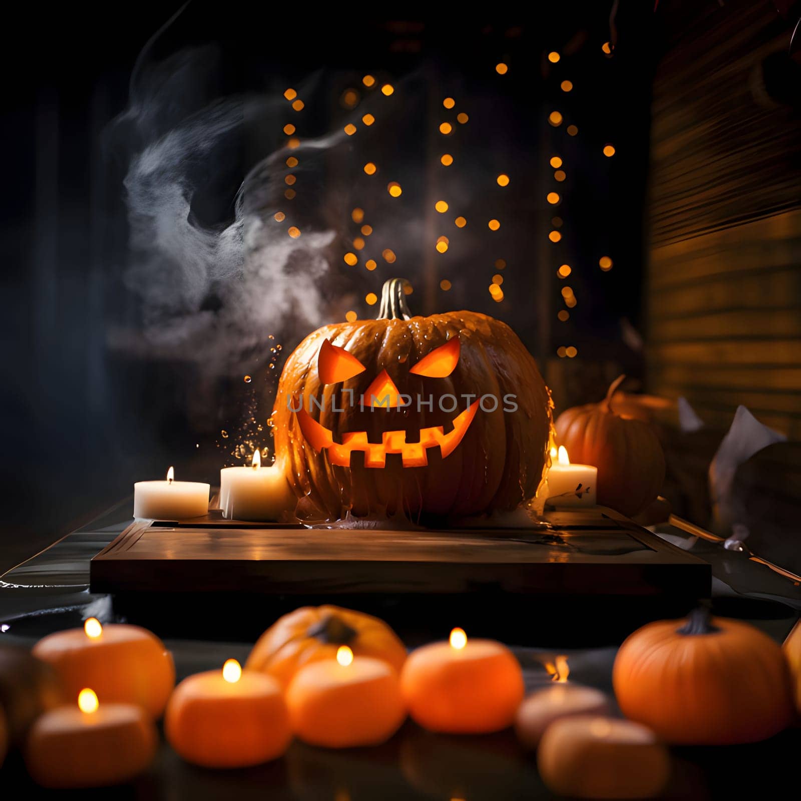 Big glowing jack-o-lantern pumpkin in the background bokeh effect, candles burning in the foreground, a Halloween image. by ThemesS