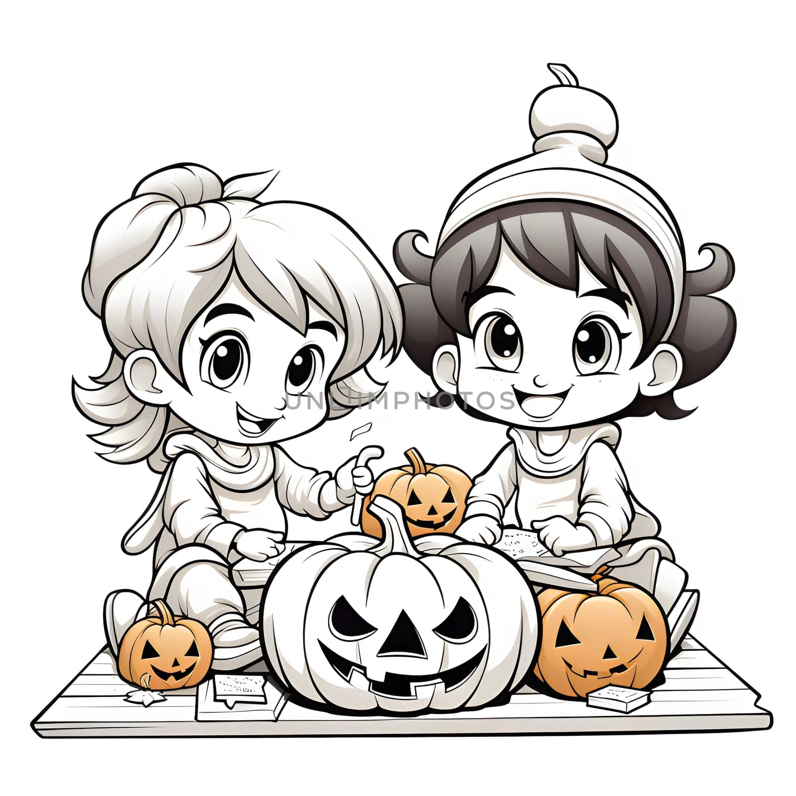 Two children with jack-o-lantern pumpkins, Halloween black and white picture coloring book. by ThemesS