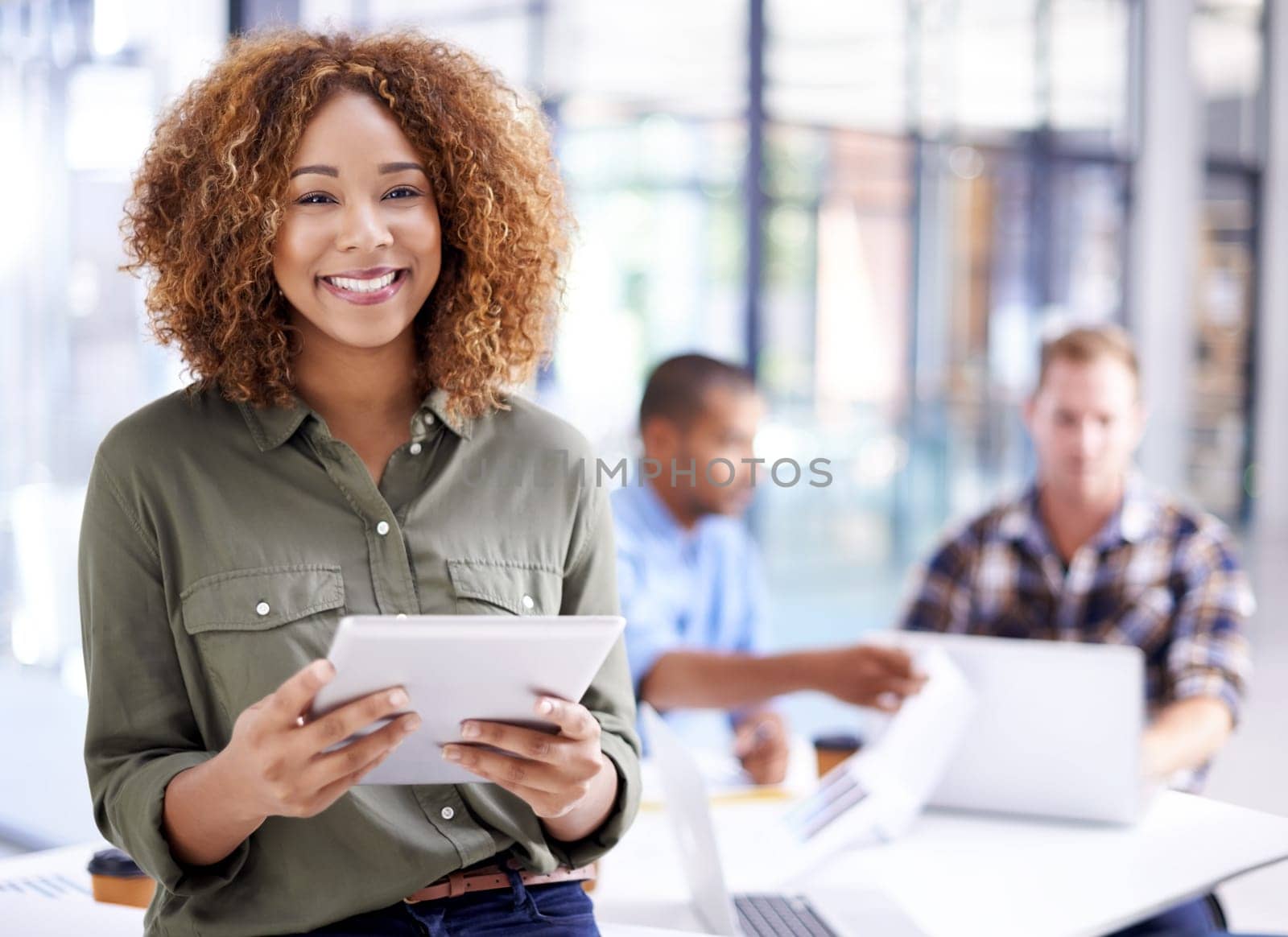 Woman, portrait and tablet in business office, web designer and creative career or online networking research. Internet, company and coworking workplace, reading and reviews for project or employee.