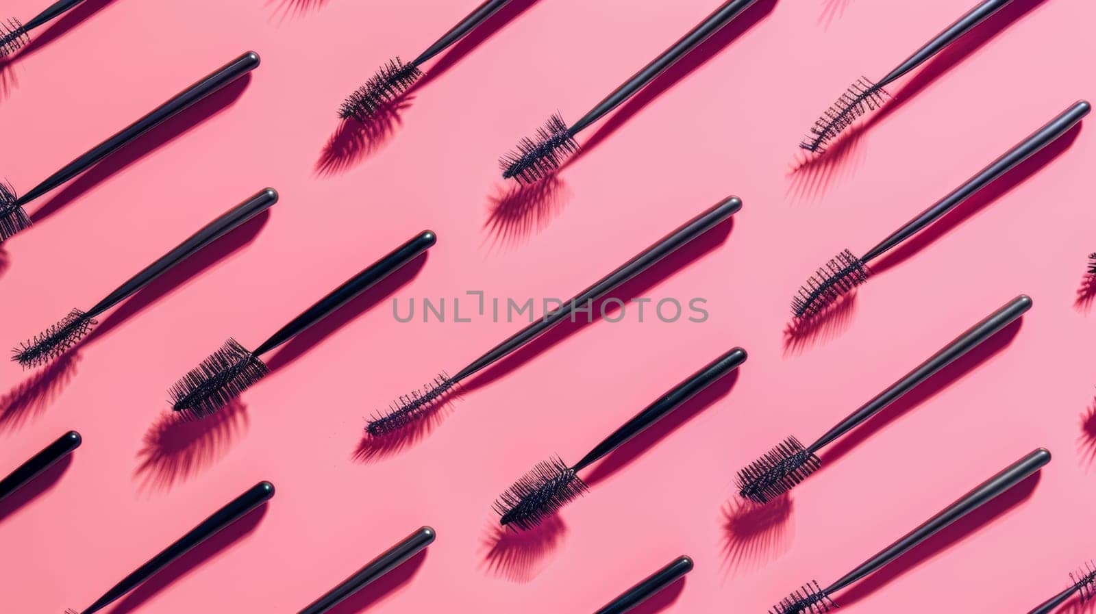 Diverse array of mascaras brush on pink background.
