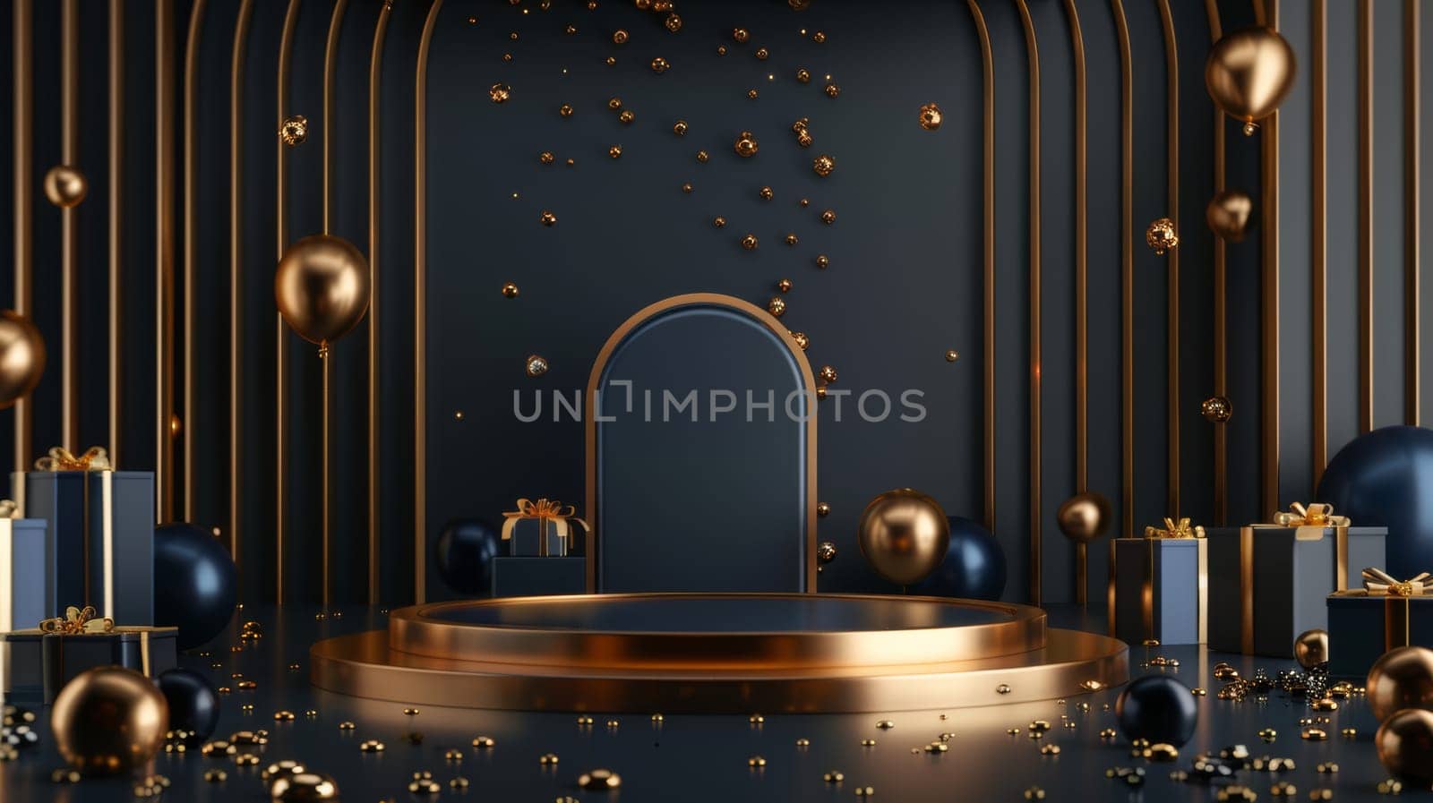 Luxurious black and gold room with presents and round podium.