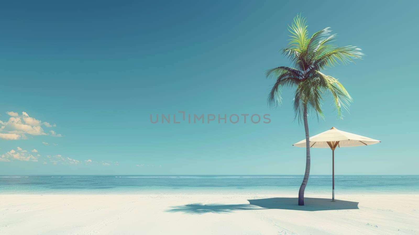 Beach with palm tree and white umbrella.