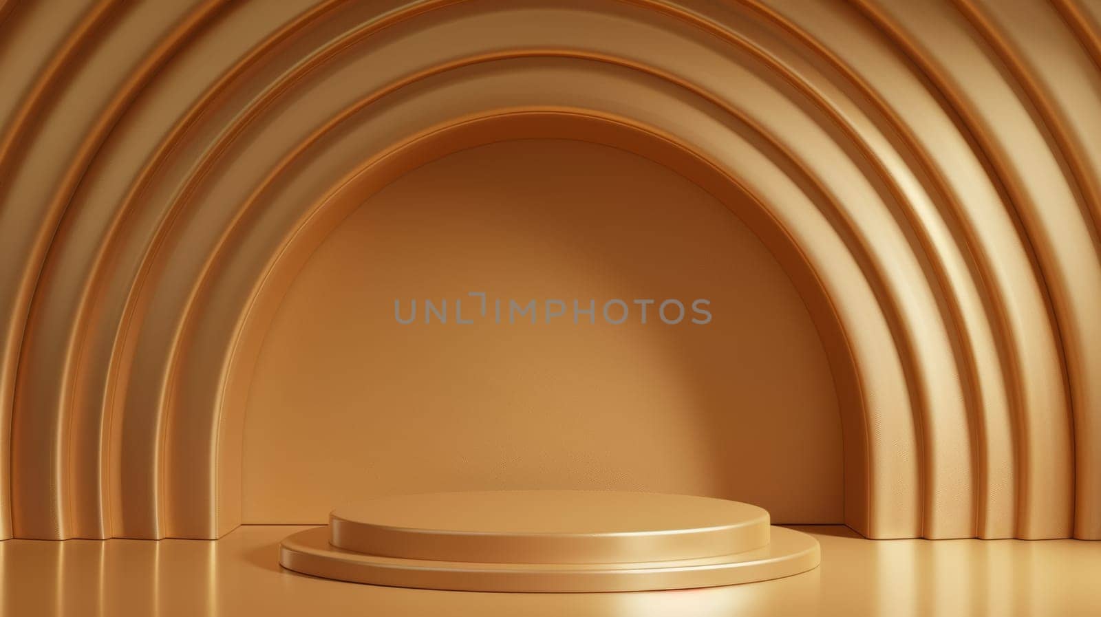 Gold background with stand podium with luxury arch shape scene. Abstract minimal wall scene for mockup products display.