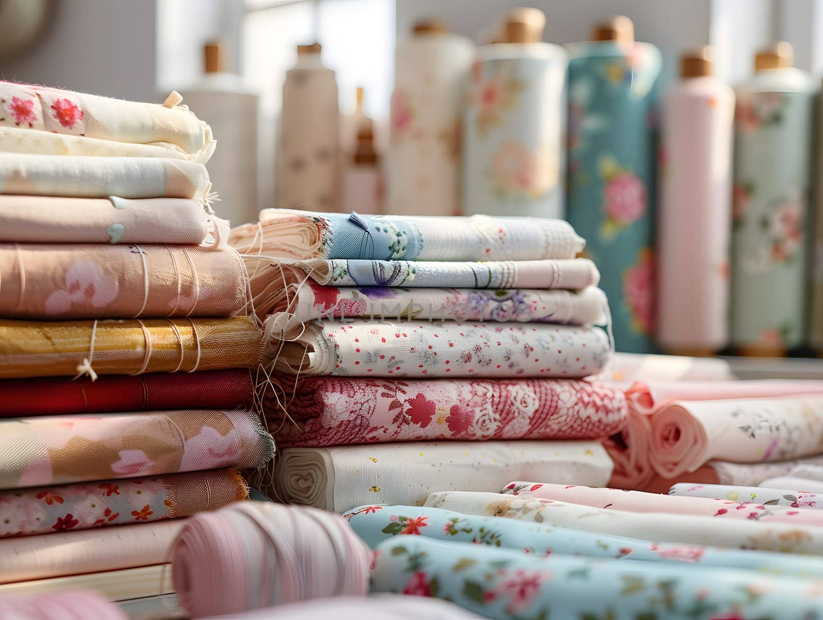 A variety of textile rolls in different shades of pink, magenta, and wood patterns are stacked in a room for a publication event showcasing the latest linen products