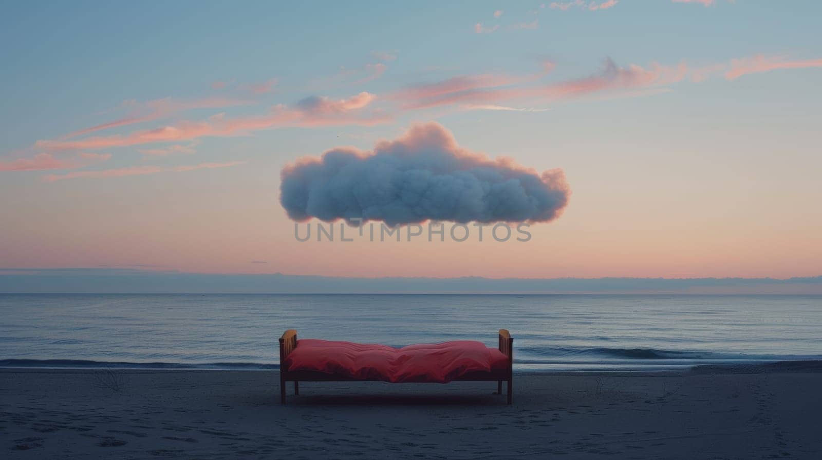 Bed on sandy beach by ocean.
