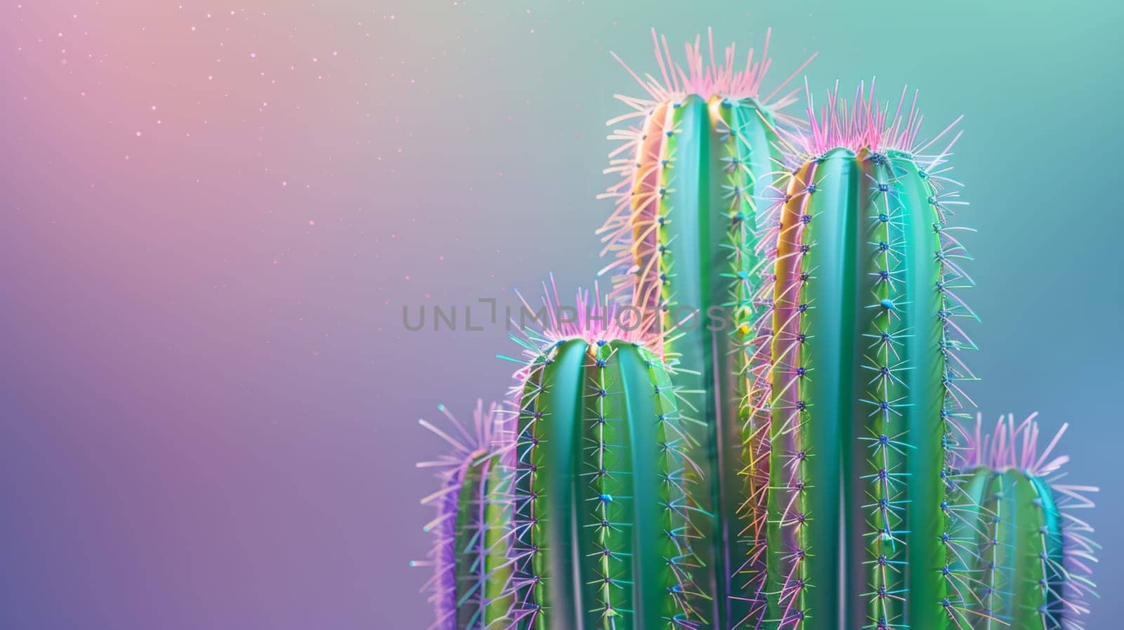 Vibrant green cactus with pink and yellow spikes.