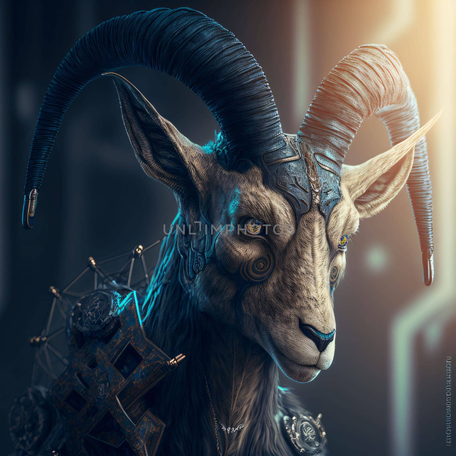 Sign of the zodiac: 3d rendering of a ram with a cross on a dark background