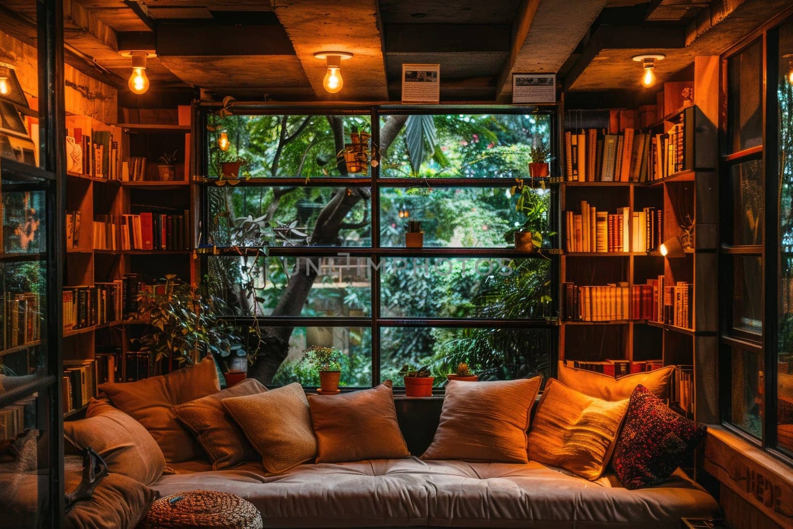 A cozy reading nook with shelves of books