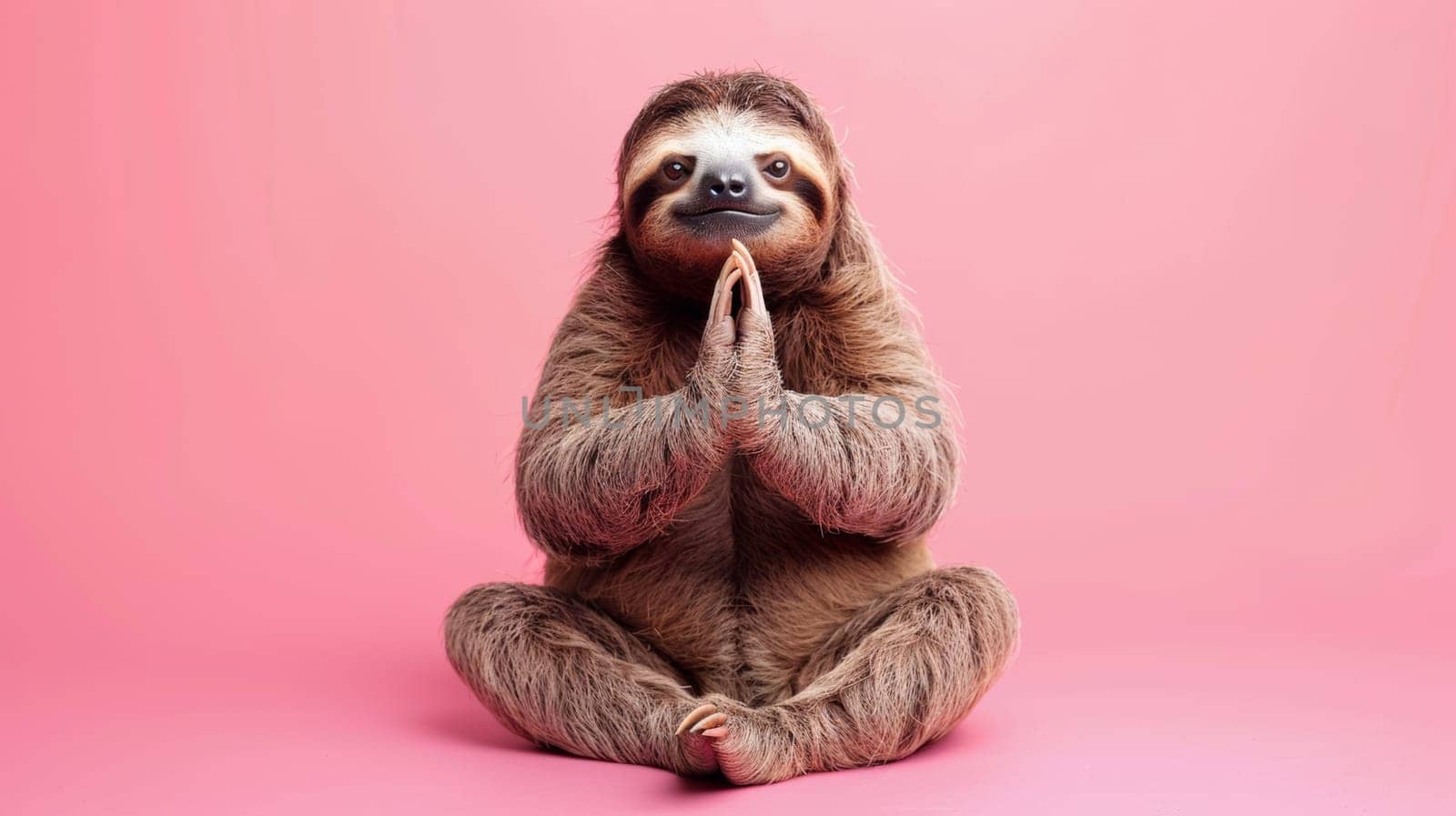 Sloth practicing yoga pose on pink background.