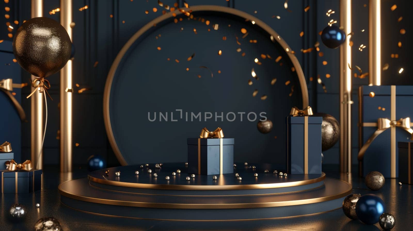 Black and gold stage with presents and confetti.