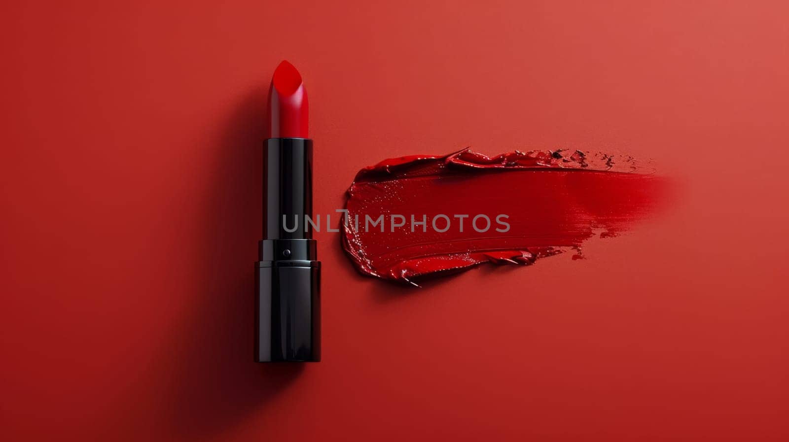 Close up of red lipstick on red background by Anastasiia