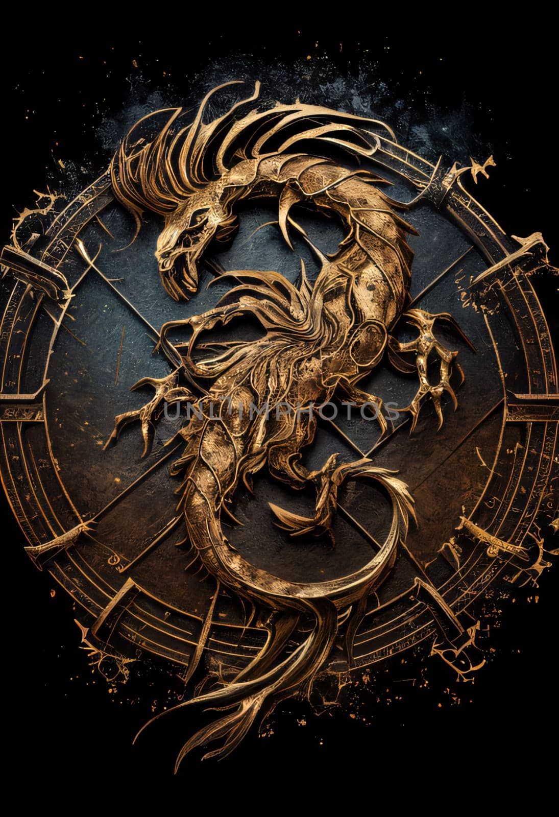 Zodiac sign of dragon on the background of the ancient clock. by ThemesS