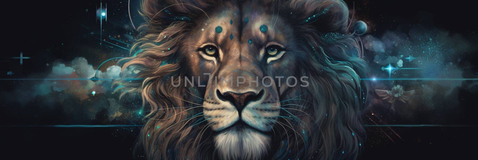 Lion head with abstract space background. 3D Rendering. by ThemesS