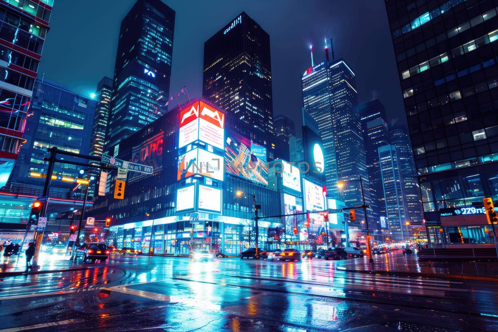 A bustling cityscape at night with vibrant lights